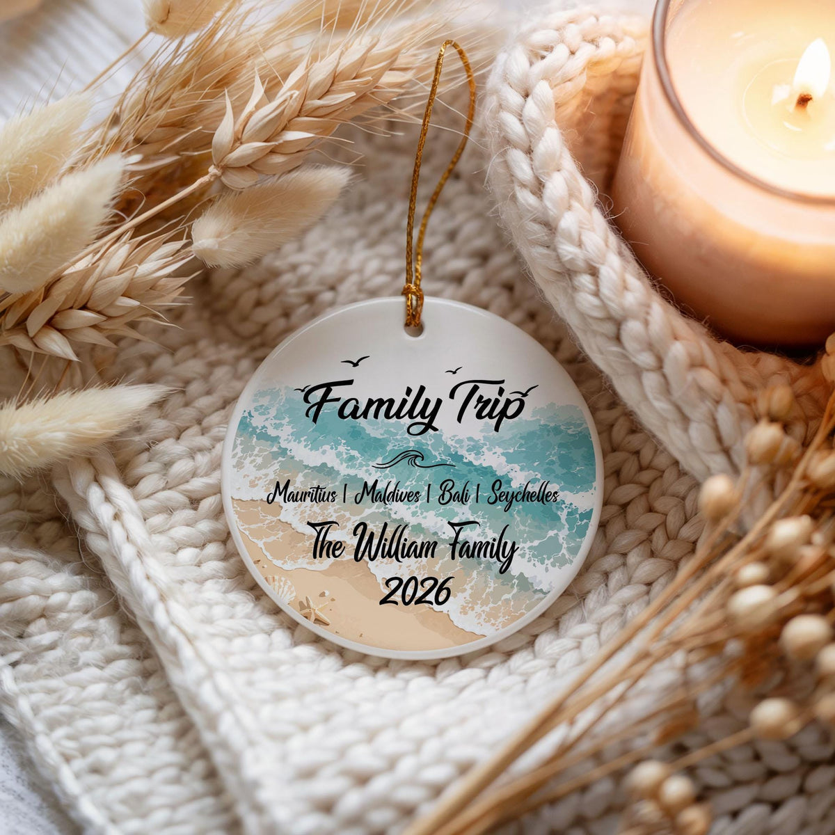 Personalized Family Trip Ornament, Custom Name Beach Vacation Ceramic Ornament, Tropical Summer Travel Souvenir Gift, Ocean Wave Keepsake