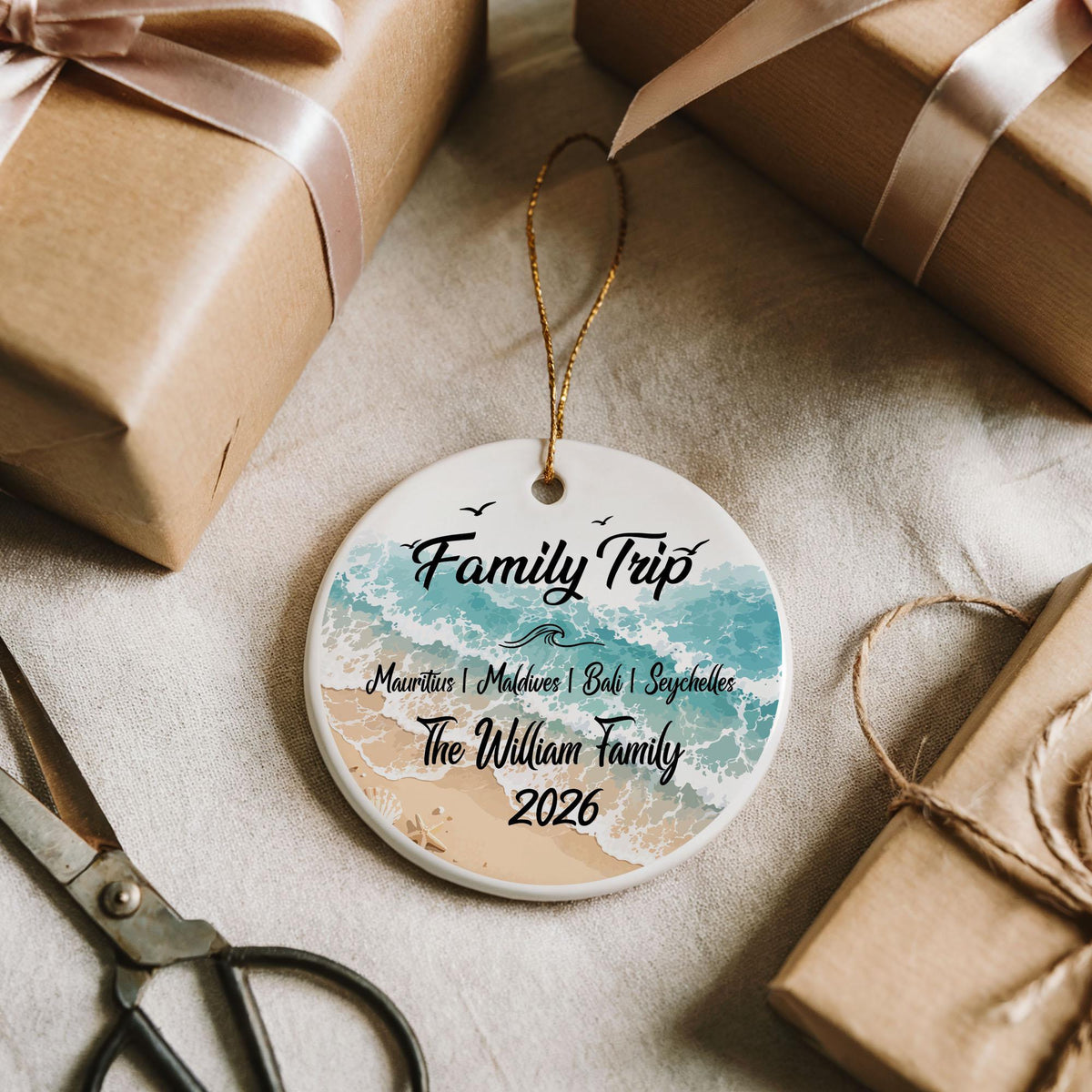 Personalized Family Trip Ornament, Custom Name Beach Vacation Ceramic Ornament, Tropical Summer Travel Souvenir Gift, Ocean Wave Keepsake