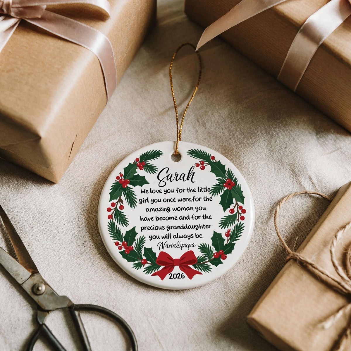 Personalized Christmas Ornament for Granddaughter, Meaningful Quote Precious Granddaughter Keepsake, Holly Wreath Family Holiday Gift