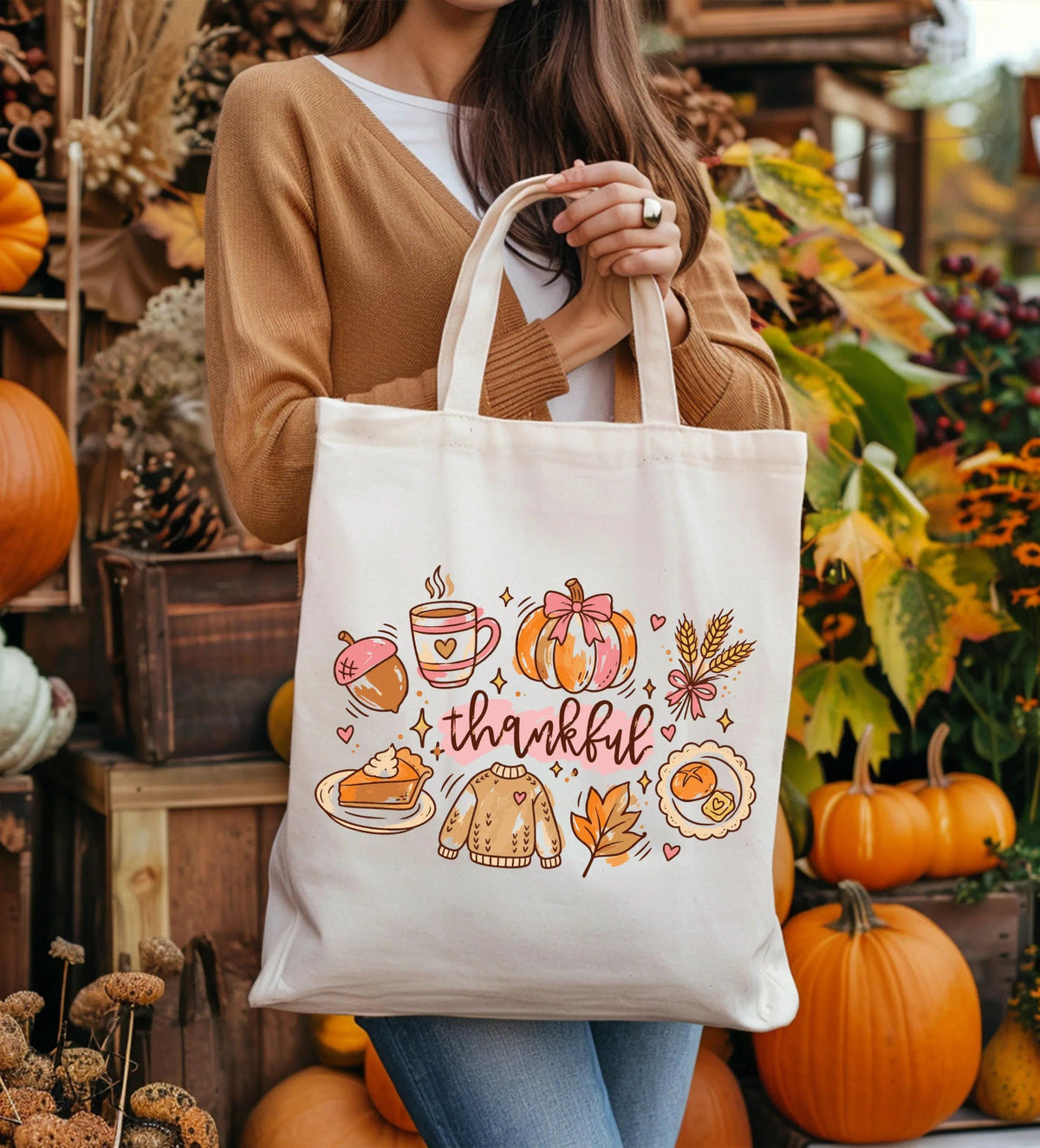Thankful Tote Bag, Thanksgiving Foods Tote Bag, Autumn Season Gift Bag