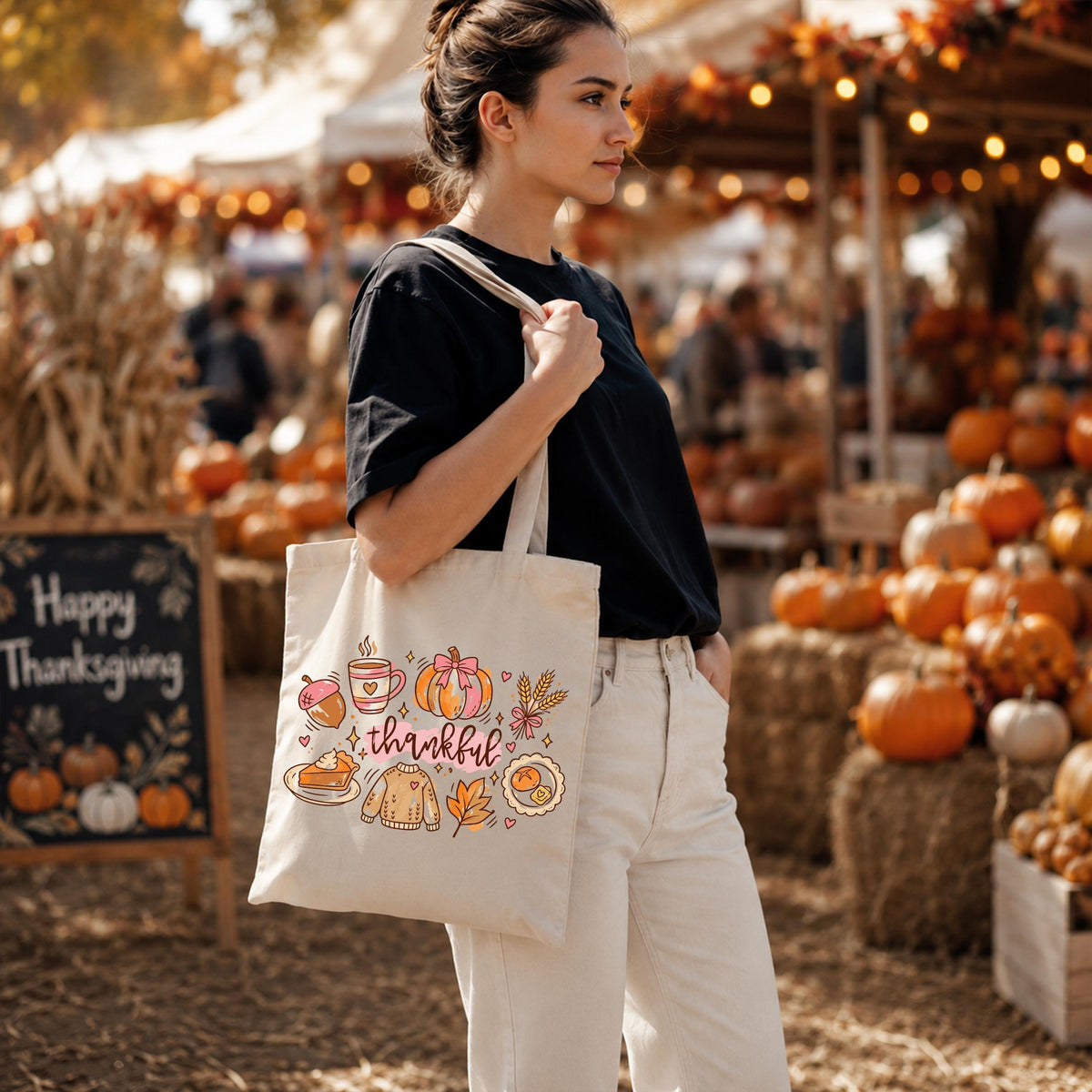 Thankful Tote Bag, Thanksgiving Foods Tote Bag, Autumn Season Gift Bag