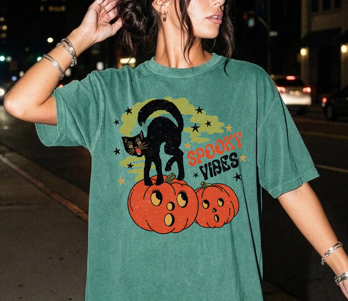 Spooky Vibes Cat Comfort Colors® Shirt, Funny Pumpkin Season T-Shirt, Halloween Gift Tee