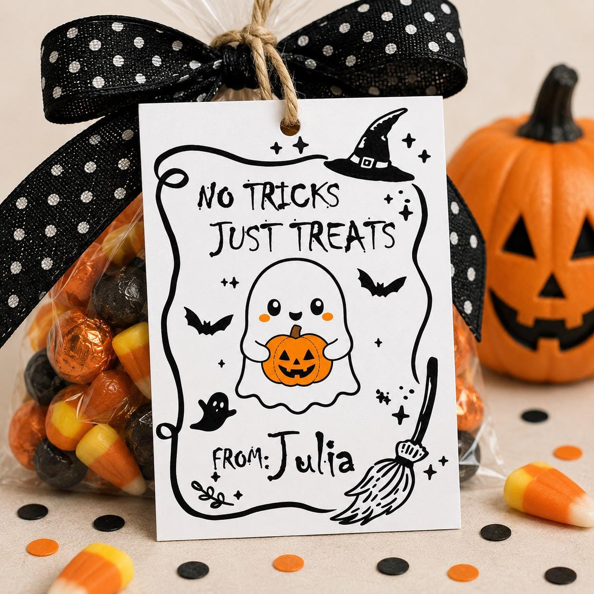 No Tricks Just Treats Halloween Gift Tags, Custom Candy Bag Labels (Printed)