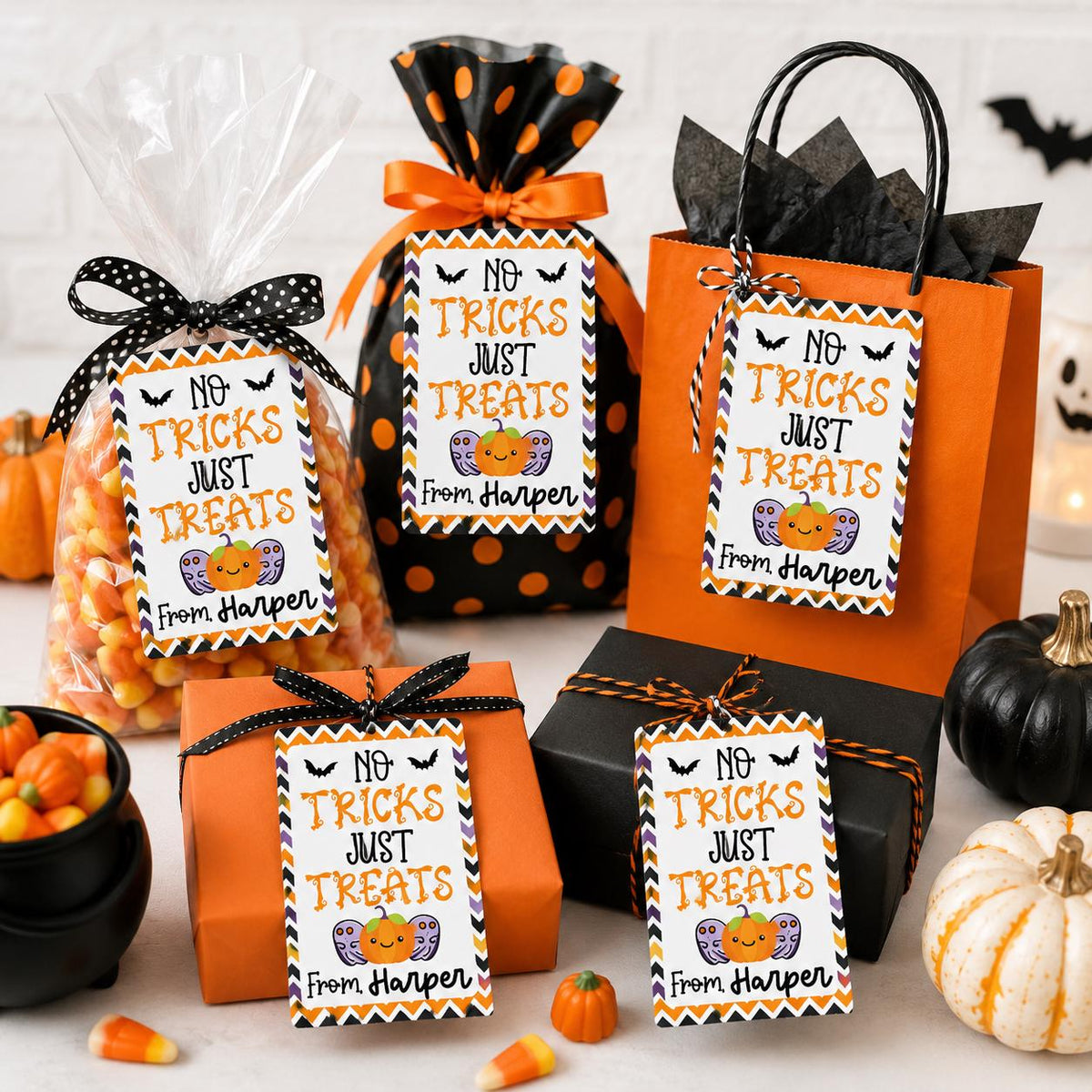 Personalized Halloween Treat Tags, No Tricks Just Treats, Custom Party Favor Labels