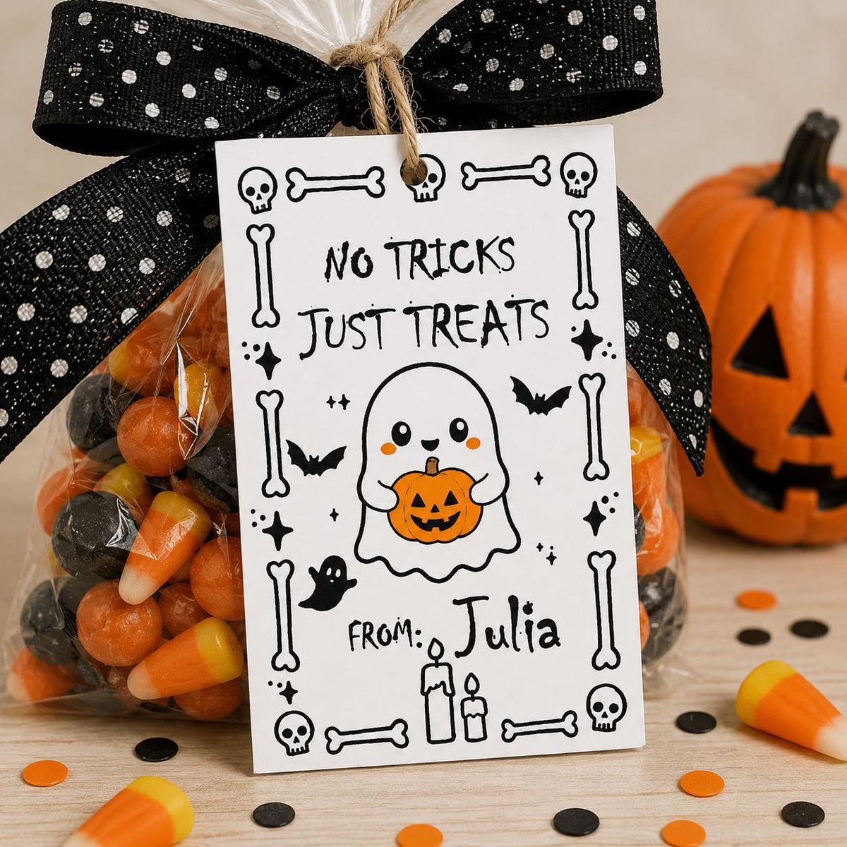 No Tricks Just Treats Halloween Gift Tags, Custom Candy Bag Labels (Printed)