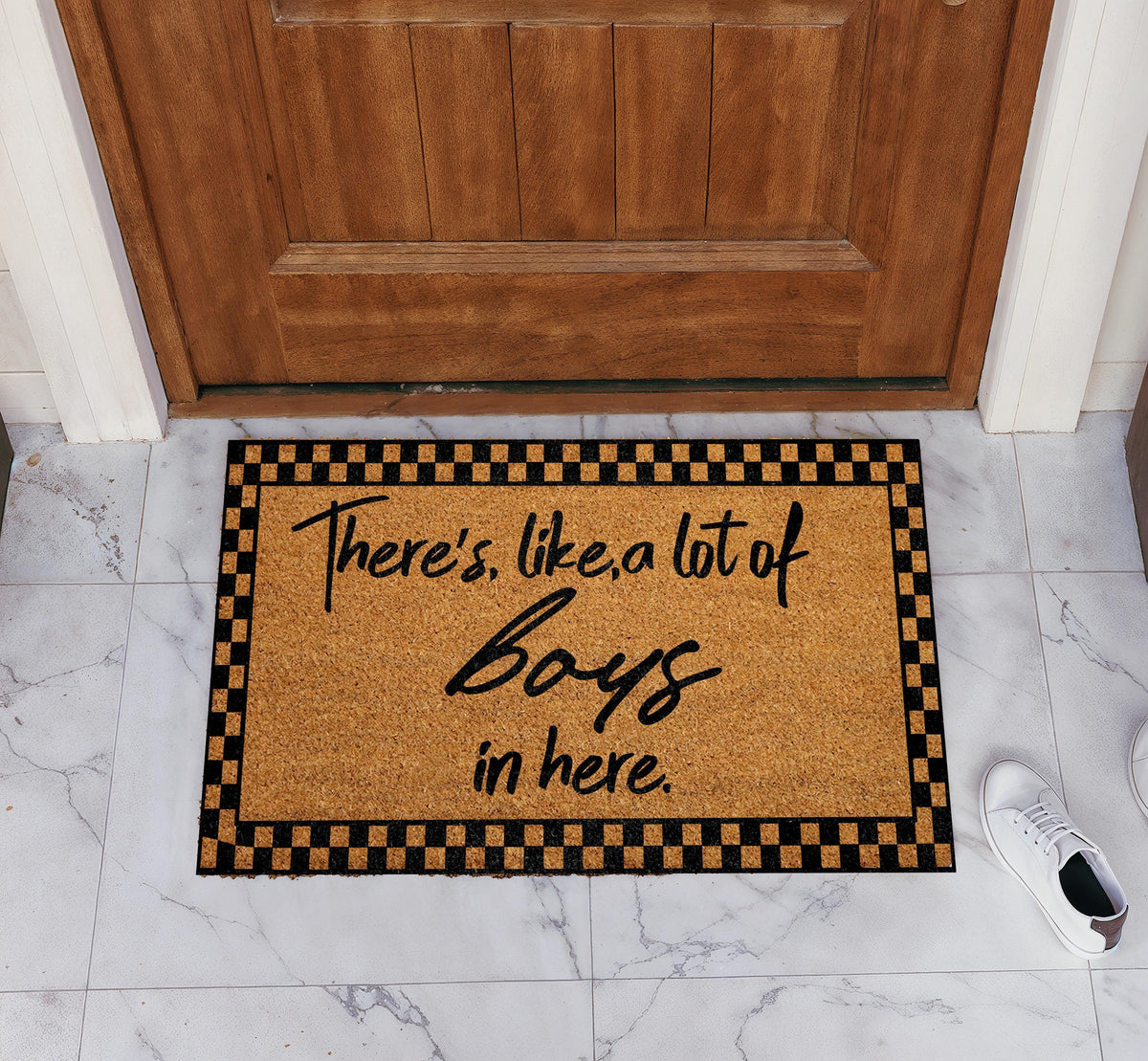 There’s a Lot of Boys in Here Checkered Coir Doormat