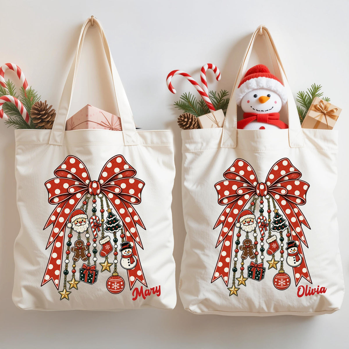 Custom Name Christmas Tote Bag, Coquette Bow Holiday Season Tote, Xmas Family Gift Bag