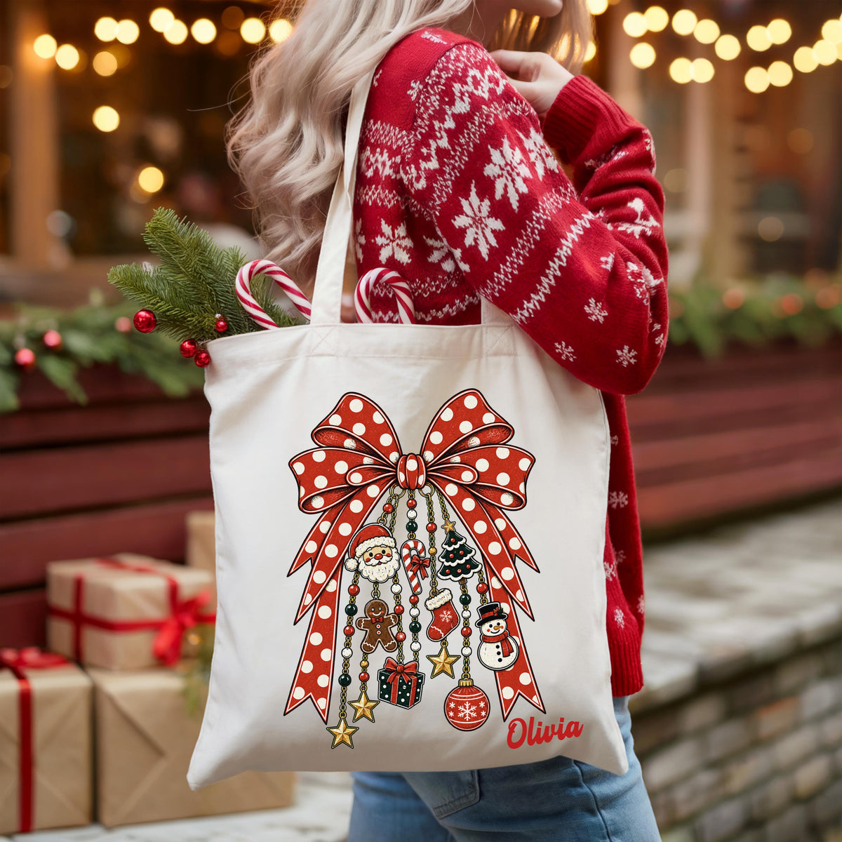 Custom Name Christmas Tote Bag, Coquette Bow Holiday Season Tote, Xmas Family Gift Bag