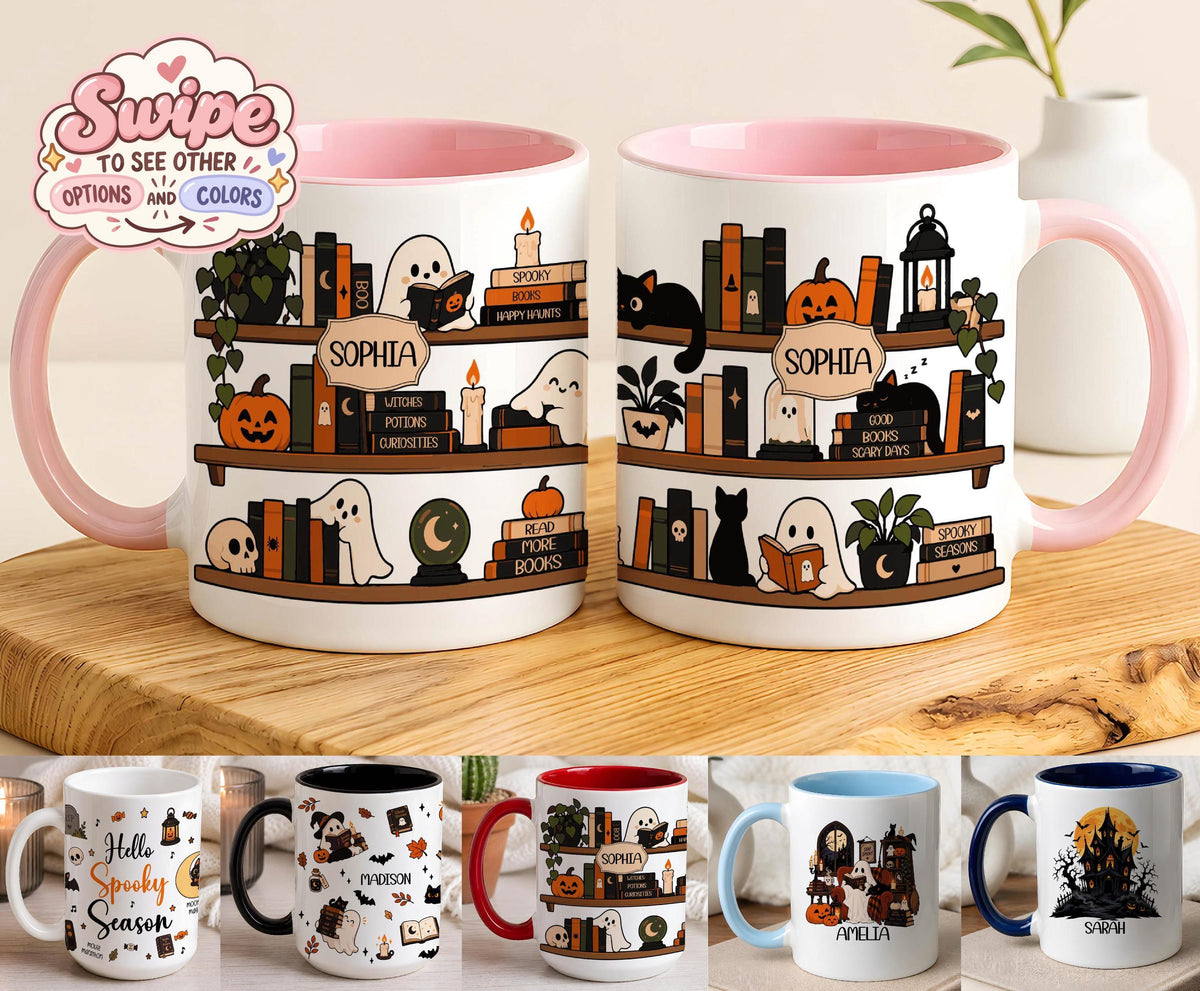 Personalized Bookish Ghost Halloween Ceramic Mug