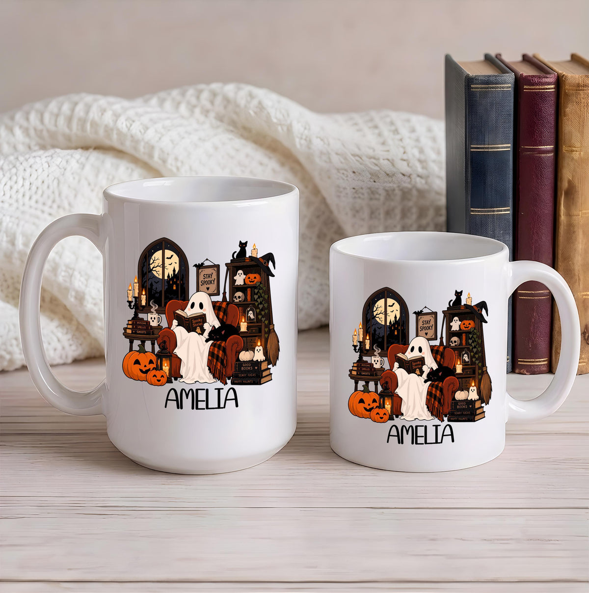 Personalized Bookish Ghost Halloween Ceramic Mug