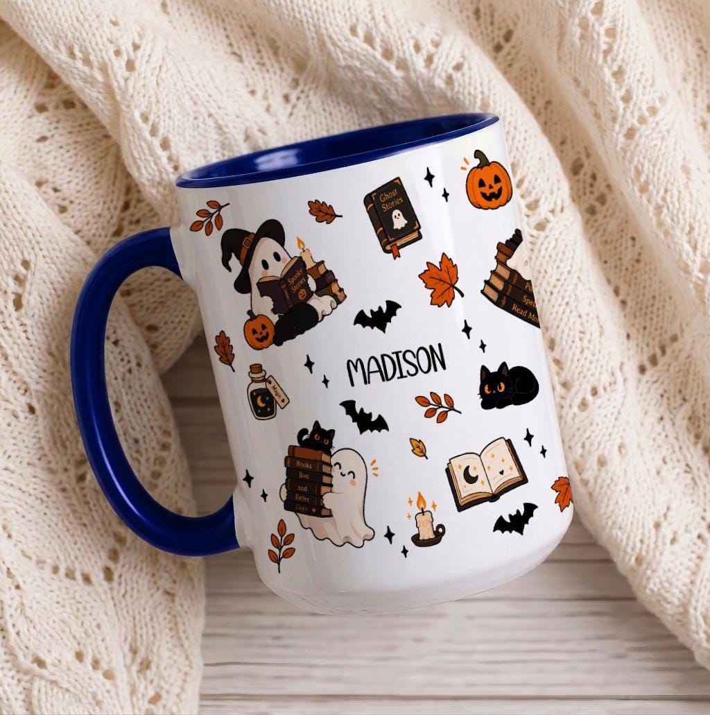 Personalized Bookish Ghost Halloween Ceramic Mug
