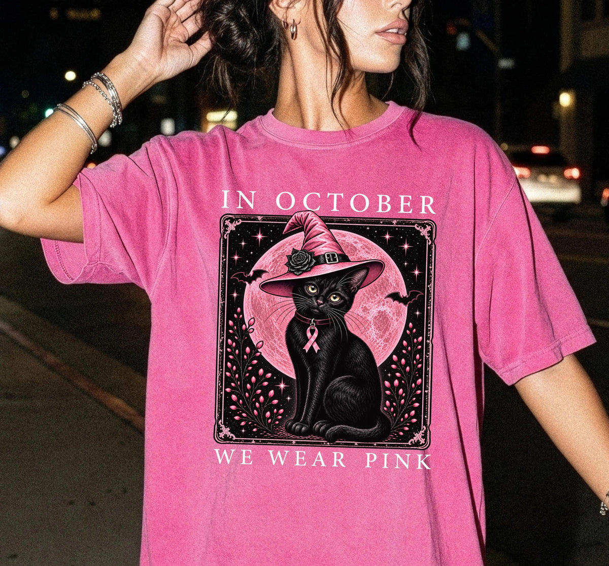 In October We Wear Pink Comfort Colors® Shirt, Halloween Cat Breast Cancer Gift Tee, Pink Ribbon Witch Hat T-shirt