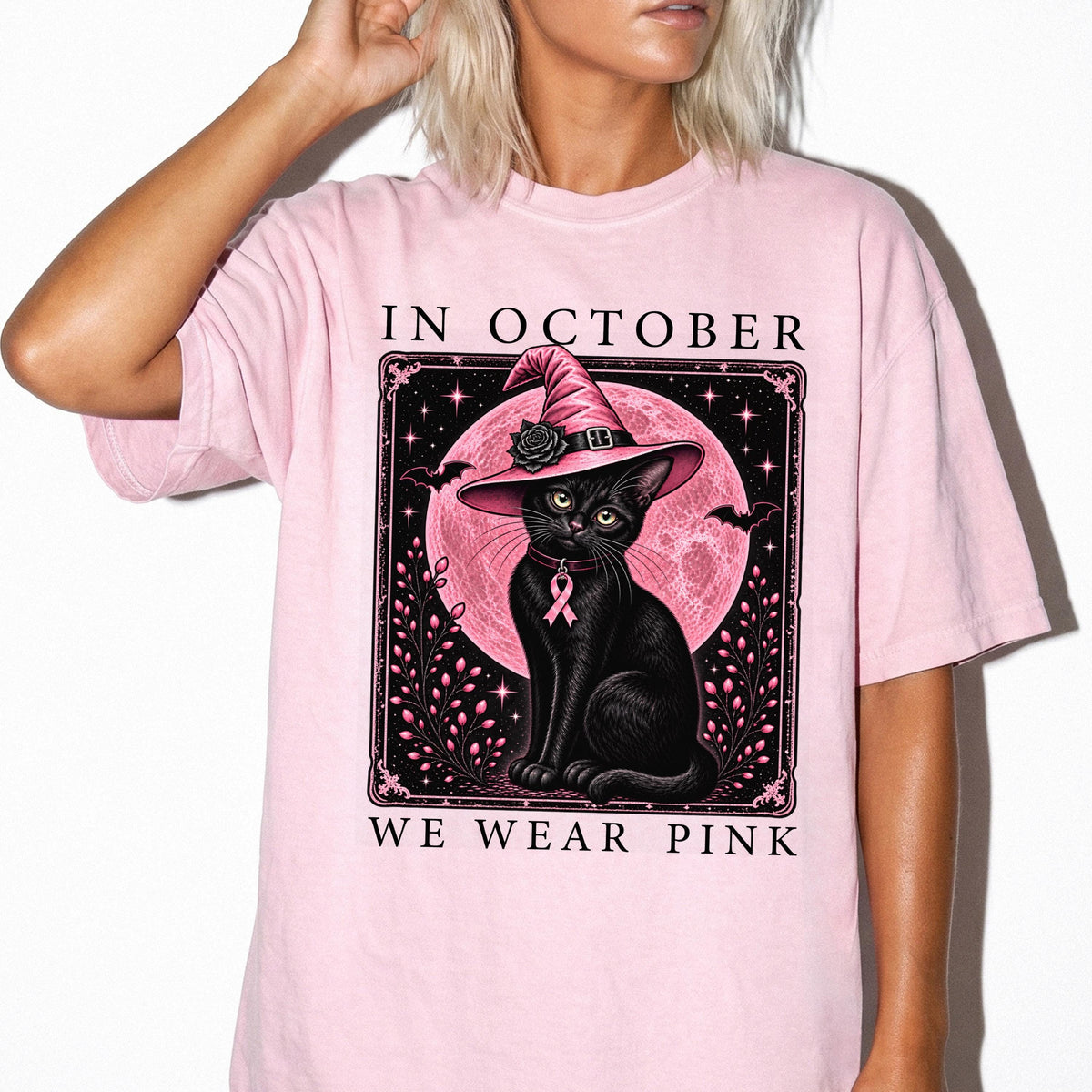In October We Wear Pink Comfort Colors® Shirt, Halloween Cat Breast Cancer Gift Tee, Pink Ribbon Witch Hat T-shirt