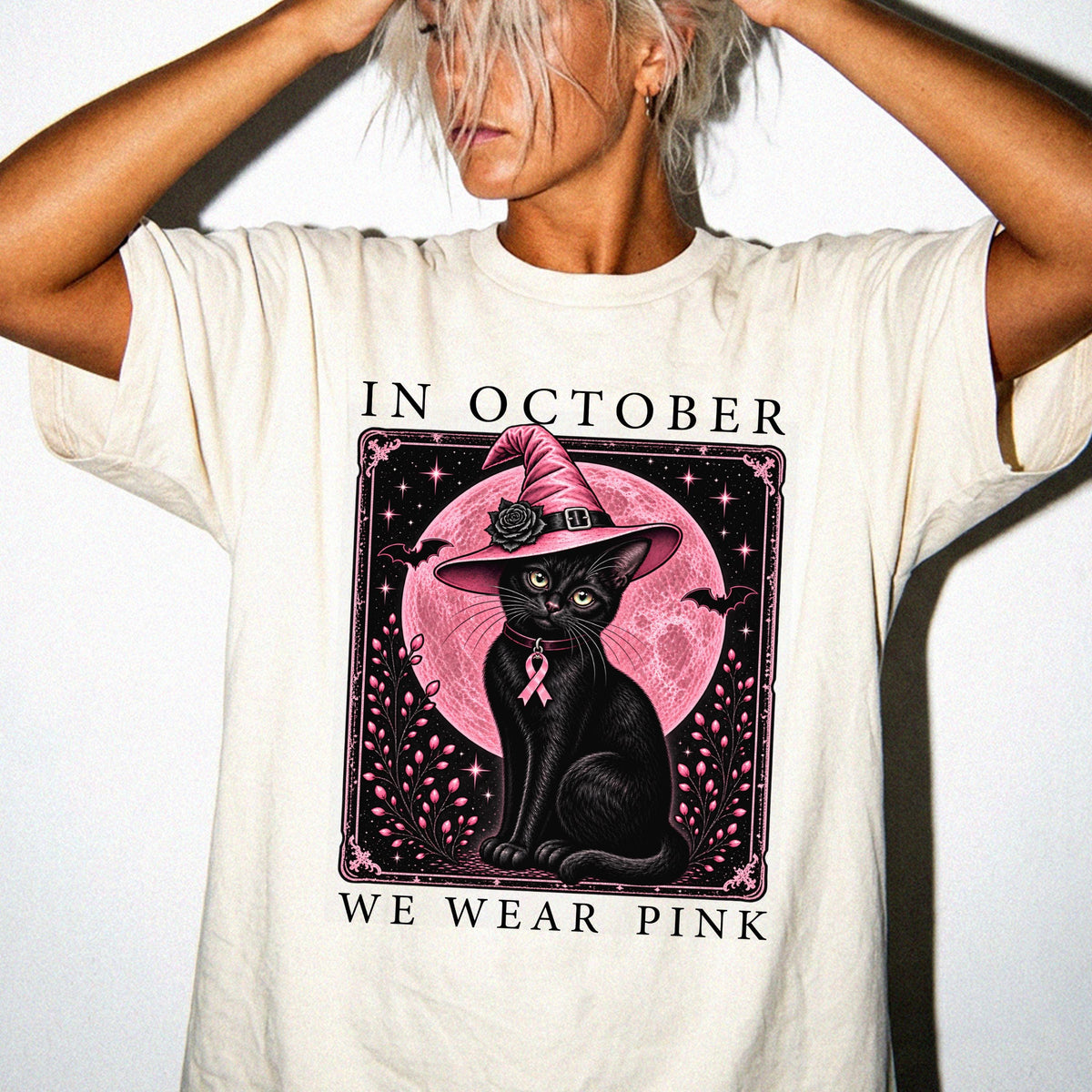 In October We Wear Pink Comfort Colors® Shirt, Halloween Cat Breast Cancer Gift Tee, Pink Ribbon Witch Hat T-shirt