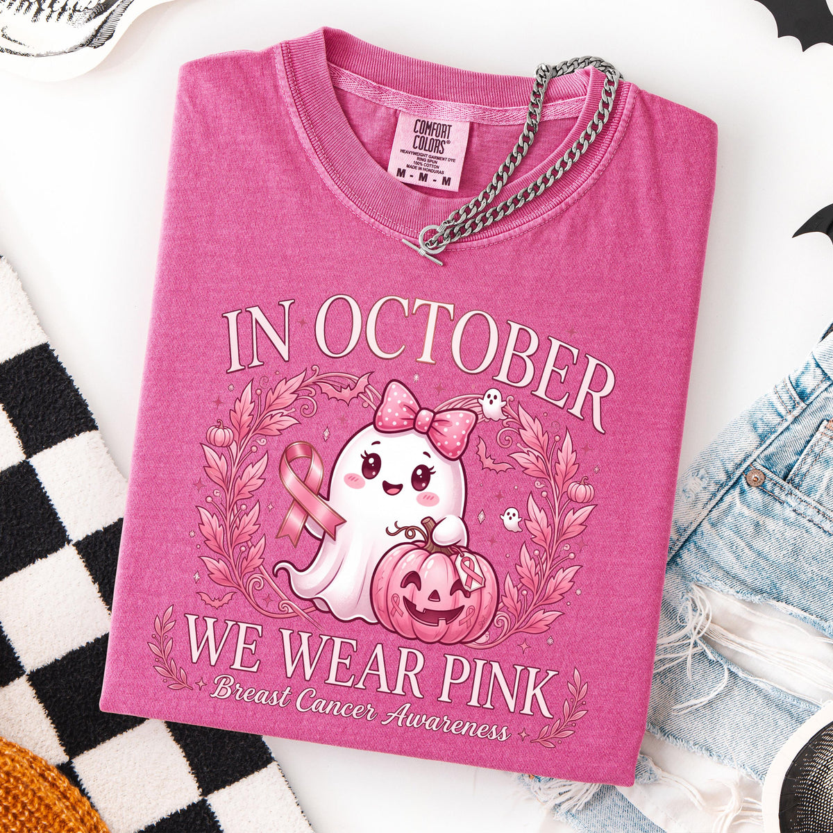 Halloween Breast Cancer Comfort Colors® Shirt, In October We Wear Pink Tee, Breast Cancer Awareness Ghost T-shirt