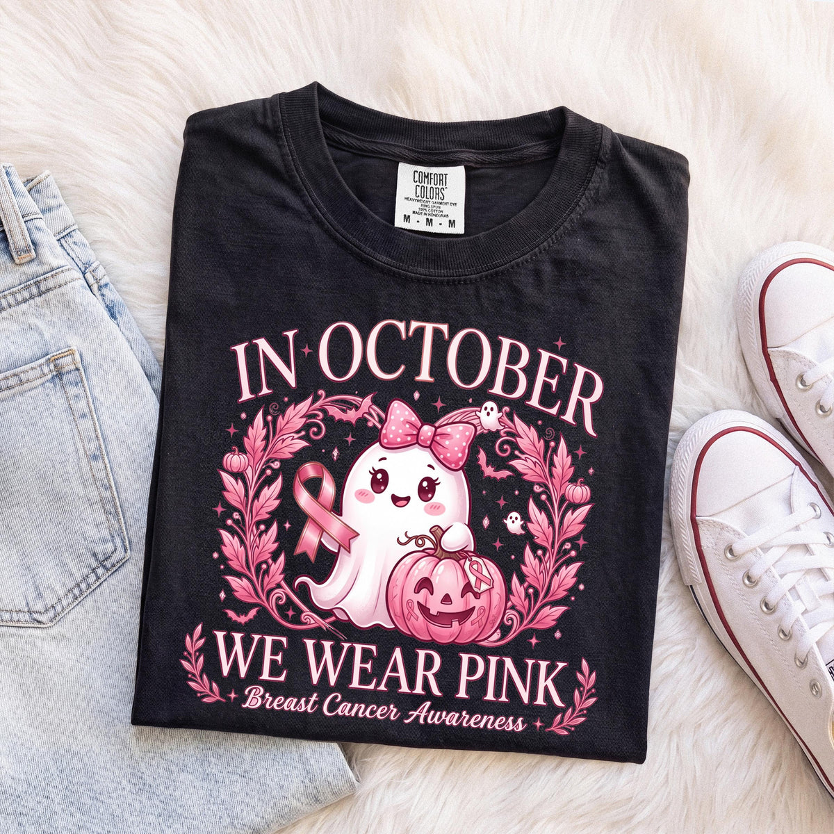 Halloween Breast Cancer Comfort Colors® Shirt, In October We Wear Pink Tee, Breast Cancer Awareness Ghost T-shirt
