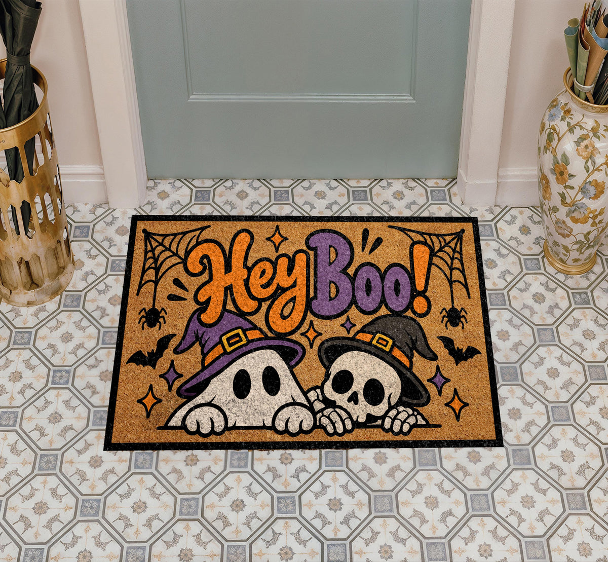 Hey Boo Doormat, Halloween Ghost and Skeleton Welcome Mat, Spooky Cute Porch Decor, Retro Fall Coir Doormat, Autumn Entryway Mat