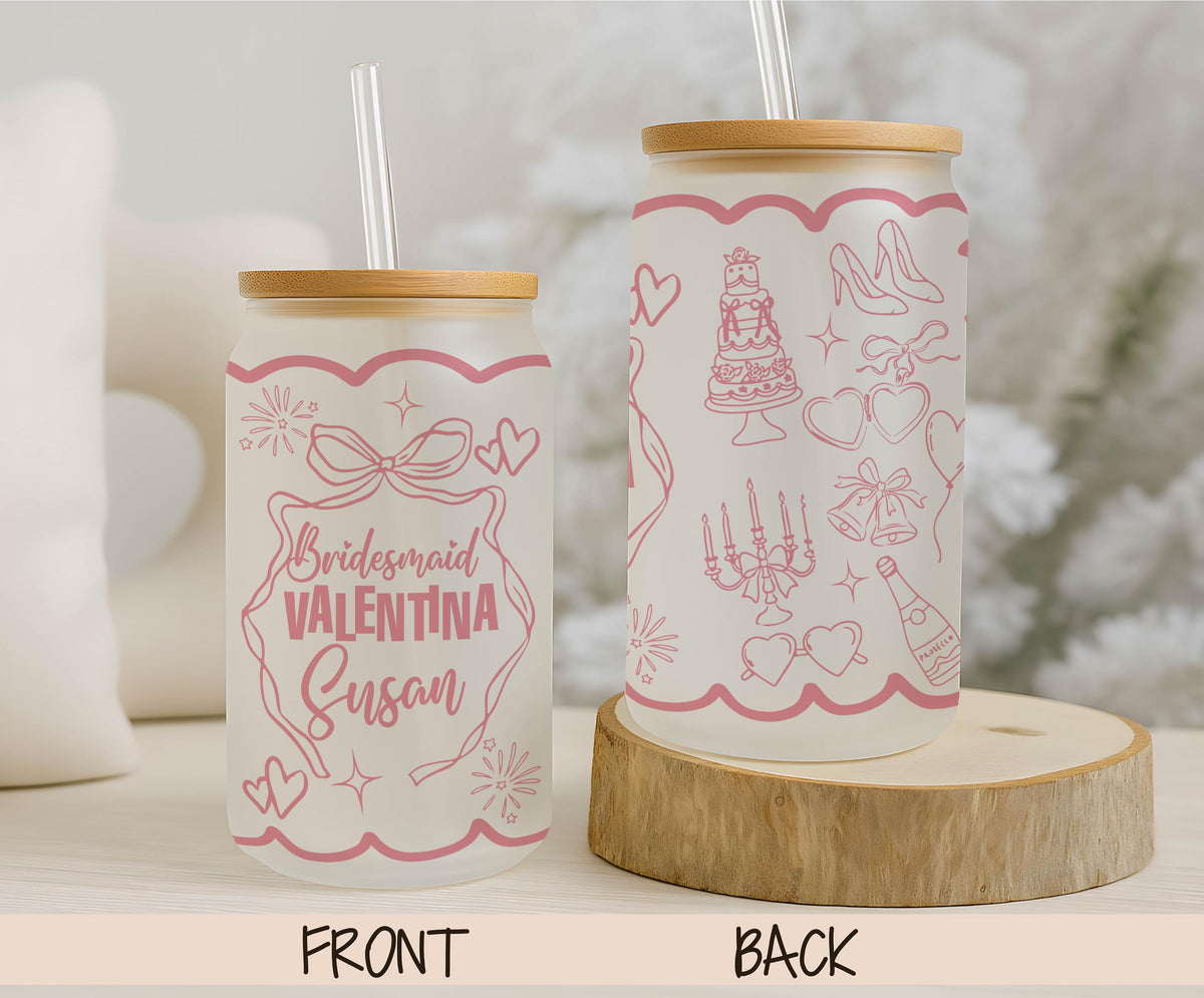 Glass with pink bridesmaid lettering, bows and wedding illustrations