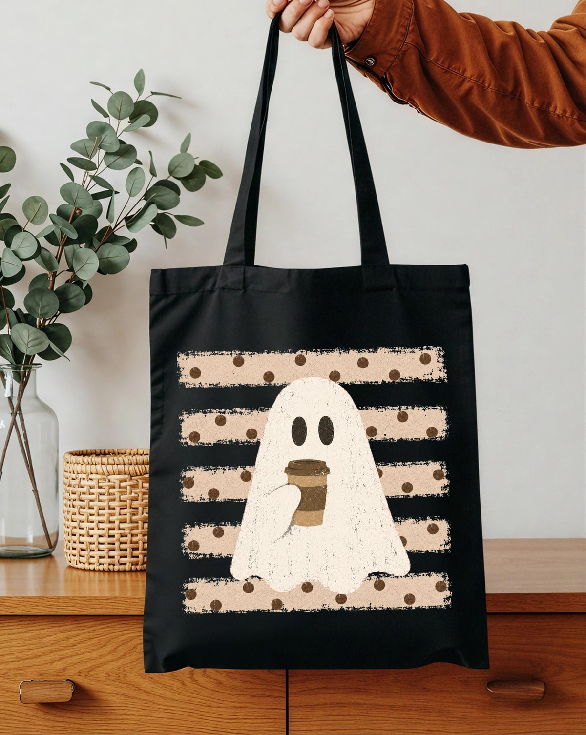 Ghost with Coffee Tote Bag, Halloween Coffee Bag, Spooky Coffee Lover Gift Tote