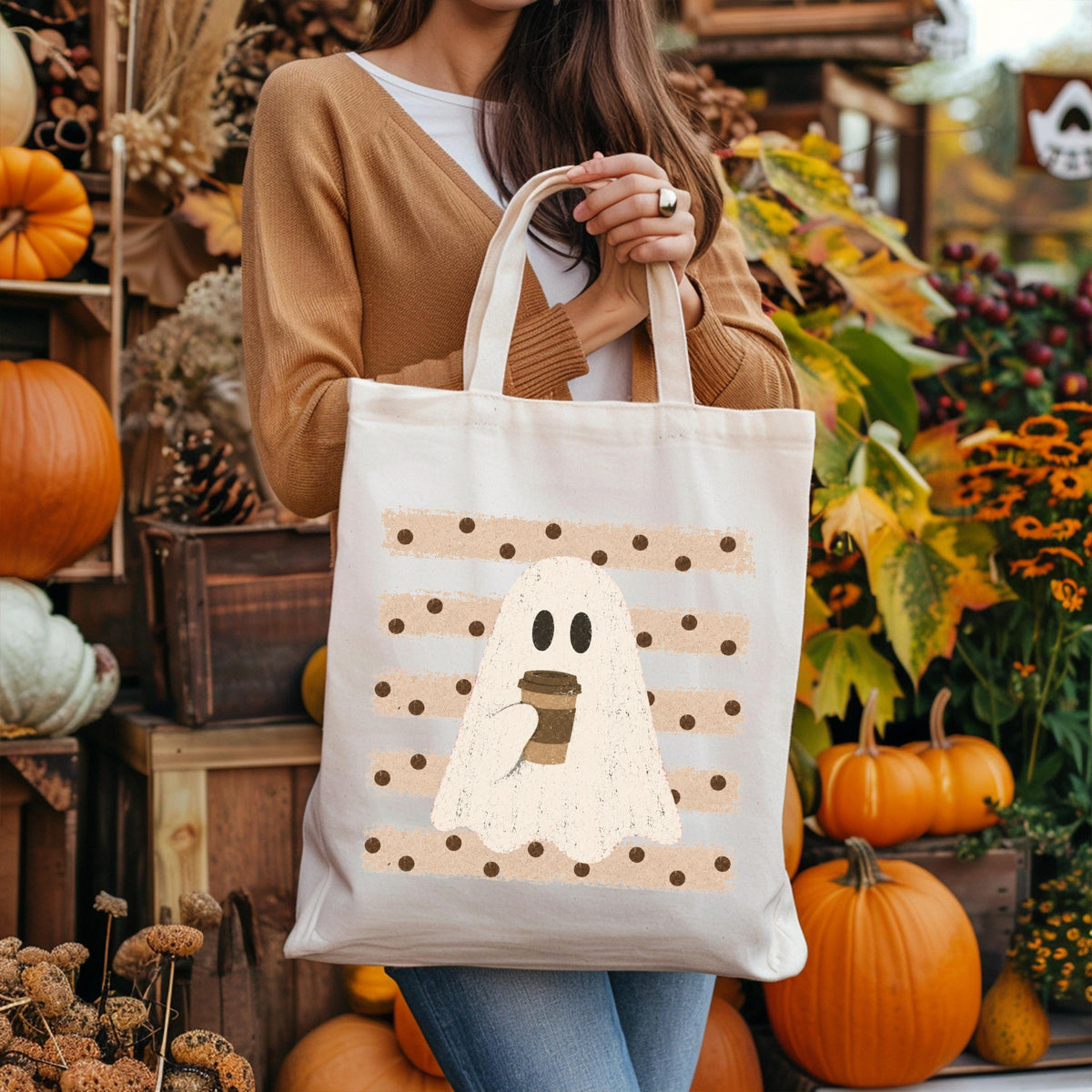Ghost with Coffee Tote Bag, Halloween Coffee Bag, Spooky Coffee Lover Gift Tote