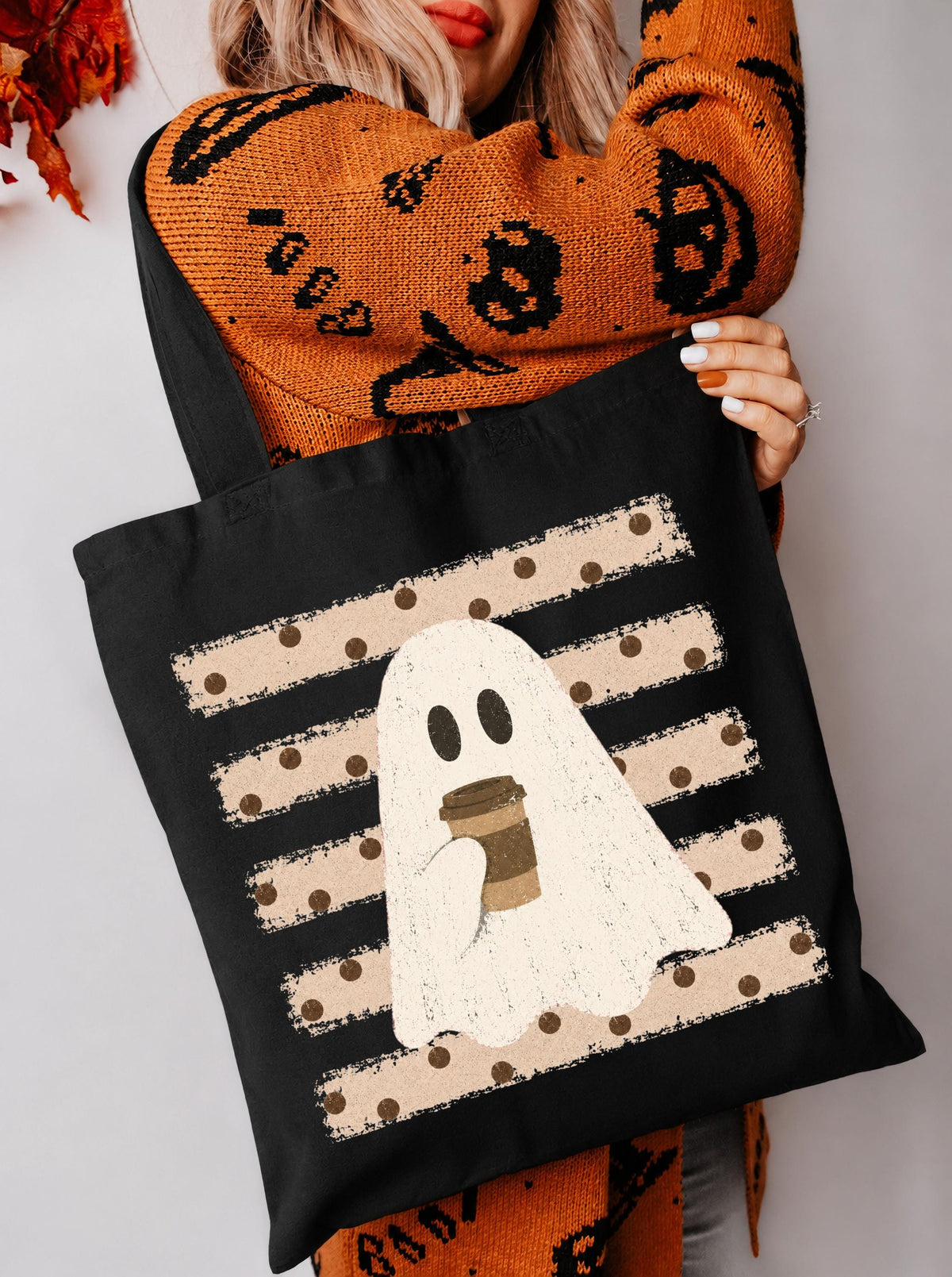 Ghost with Coffee Tote Bag, Halloween Coffee Bag, Spooky Coffee Lover Gift Tote