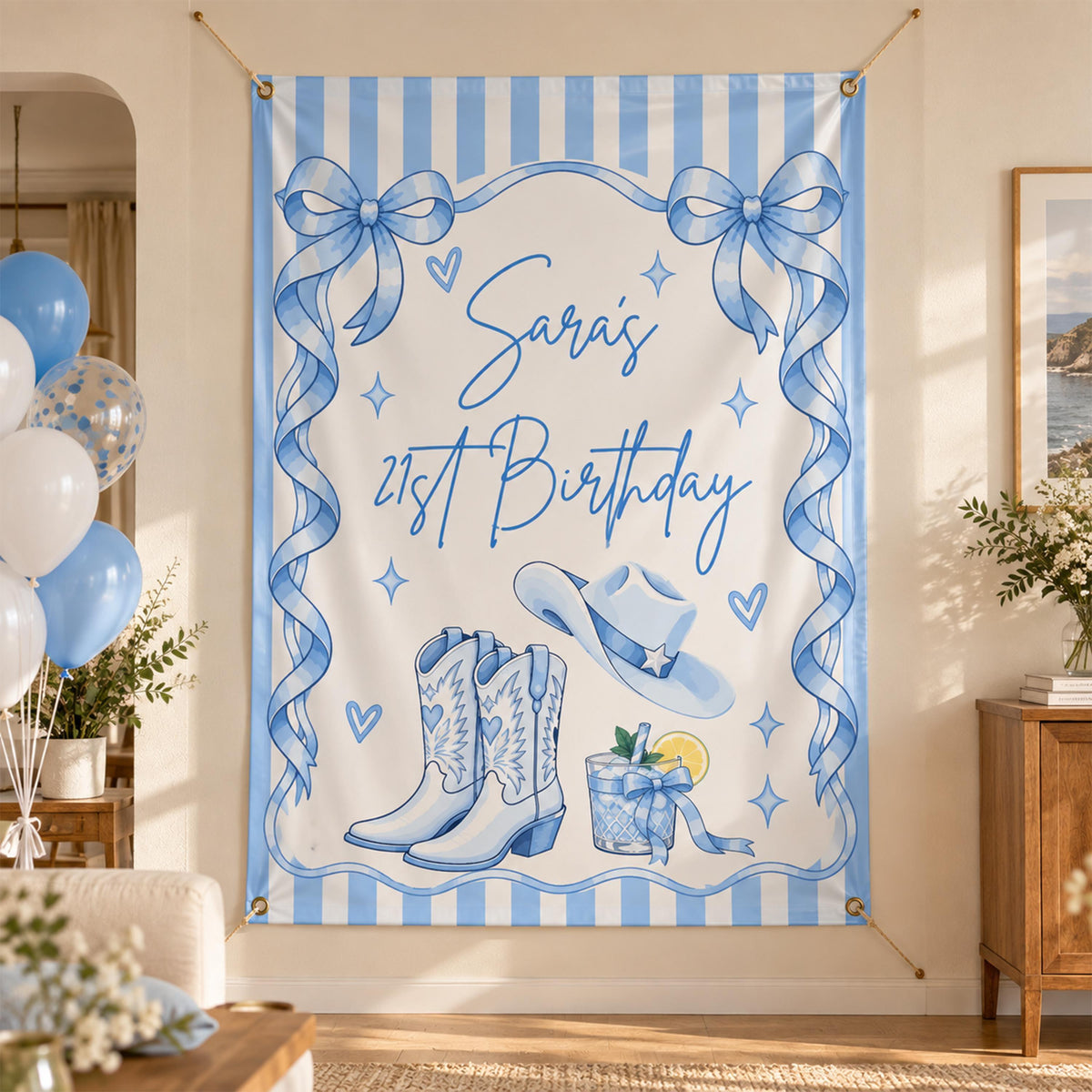 Personalized Coquette Birthday Banner, Preppy Cowgirl Party Backdrop, Custom Striped Cowboy Boots and Hat Decor
