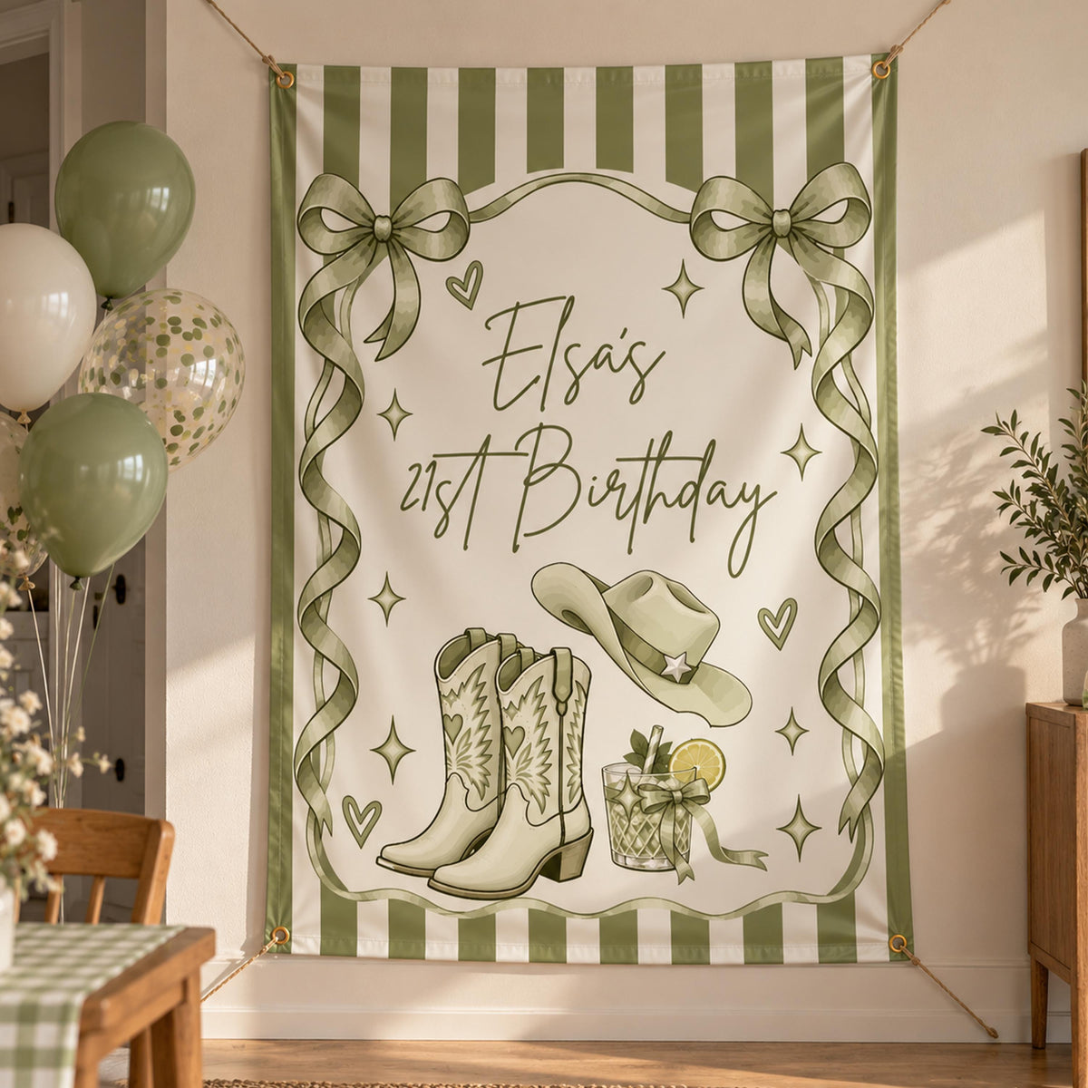 Personalized Coquette Birthday Banner, Preppy Cowgirl Party Backdrop, Custom Striped Cowboy Boots and Hat Decor