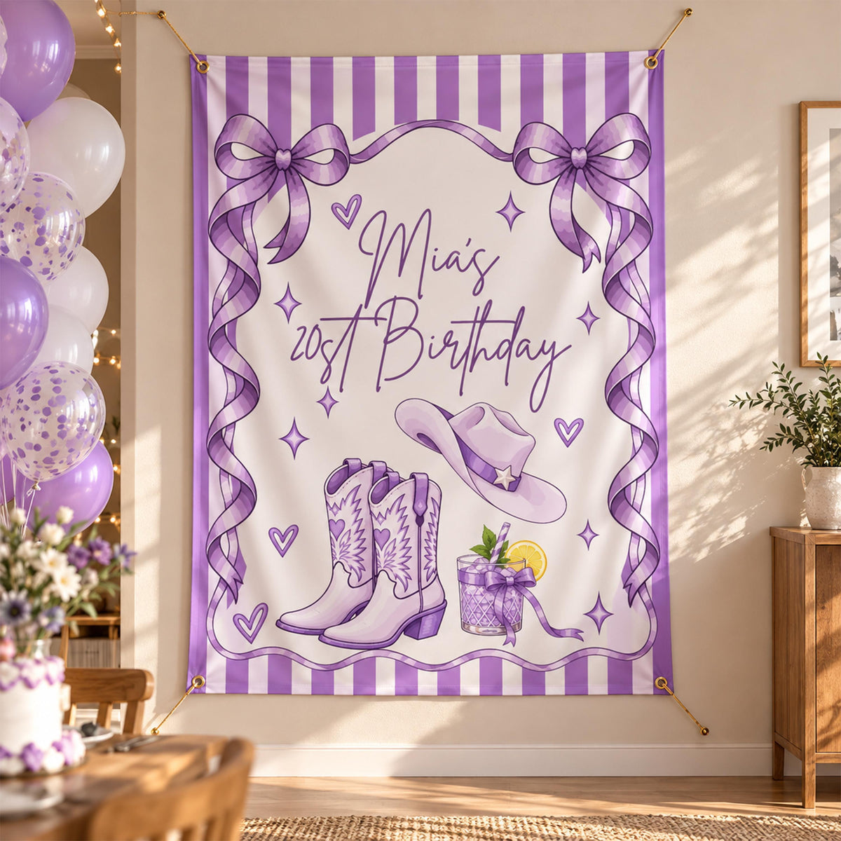 Personalized Coquette Birthday Banner, Preppy Cowgirl Party Backdrop, Custom Striped Cowboy Boots and Hat Decor