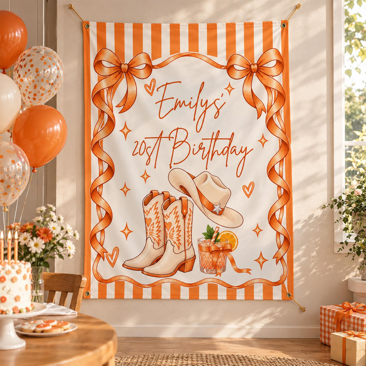 Personalized Coquette Birthday Banner, Preppy Cowgirl Party Backdrop, Custom Striped Cowboy Boots and Hat Decor