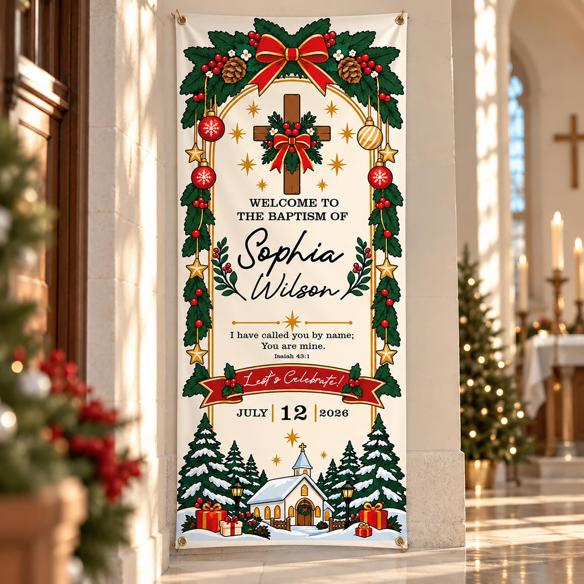 Personalized Christmas Baptism Banner, Winter Christening Welcome Sign, Custom Baby Name Decor