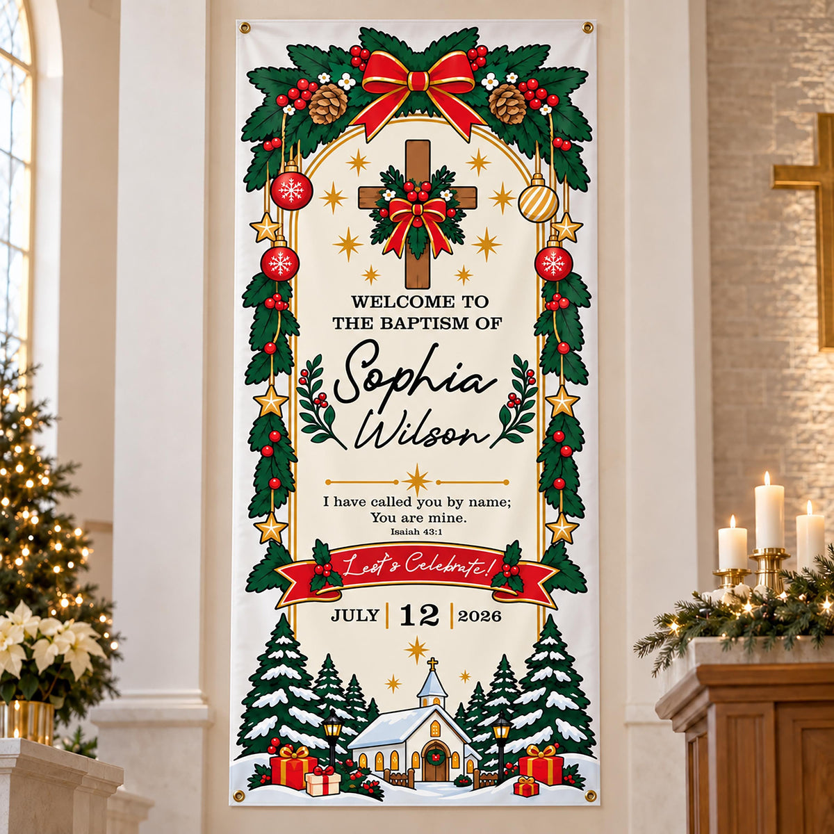 Personalized Christmas Baptism Banner, Winter Christening Welcome Sign, Custom Baby Name Decor