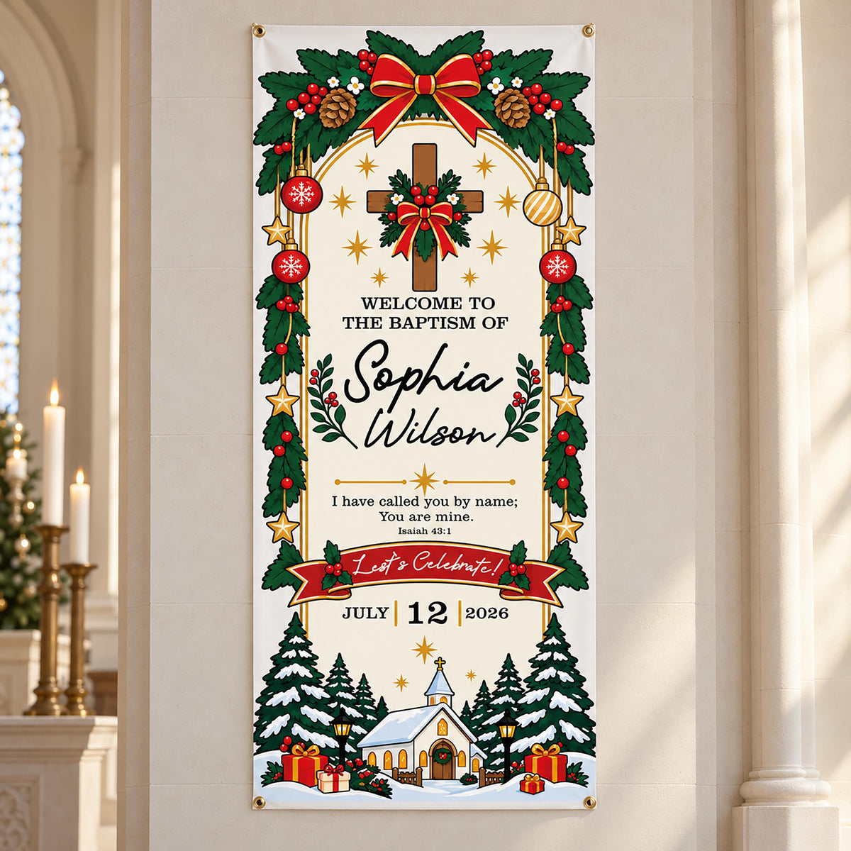 Personalized Christmas Baptism Banner, Winter Christening Welcome Sign, Custom Baby Name Decor