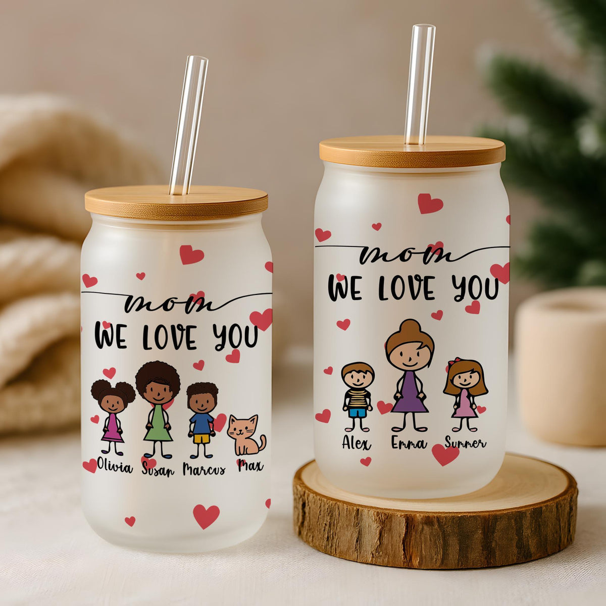 Personalized Mom Glass Cup with Straw, Custom Kids Stick Figure Beverage Cup, Mother's Day Gift, Cute Family We Love You Present