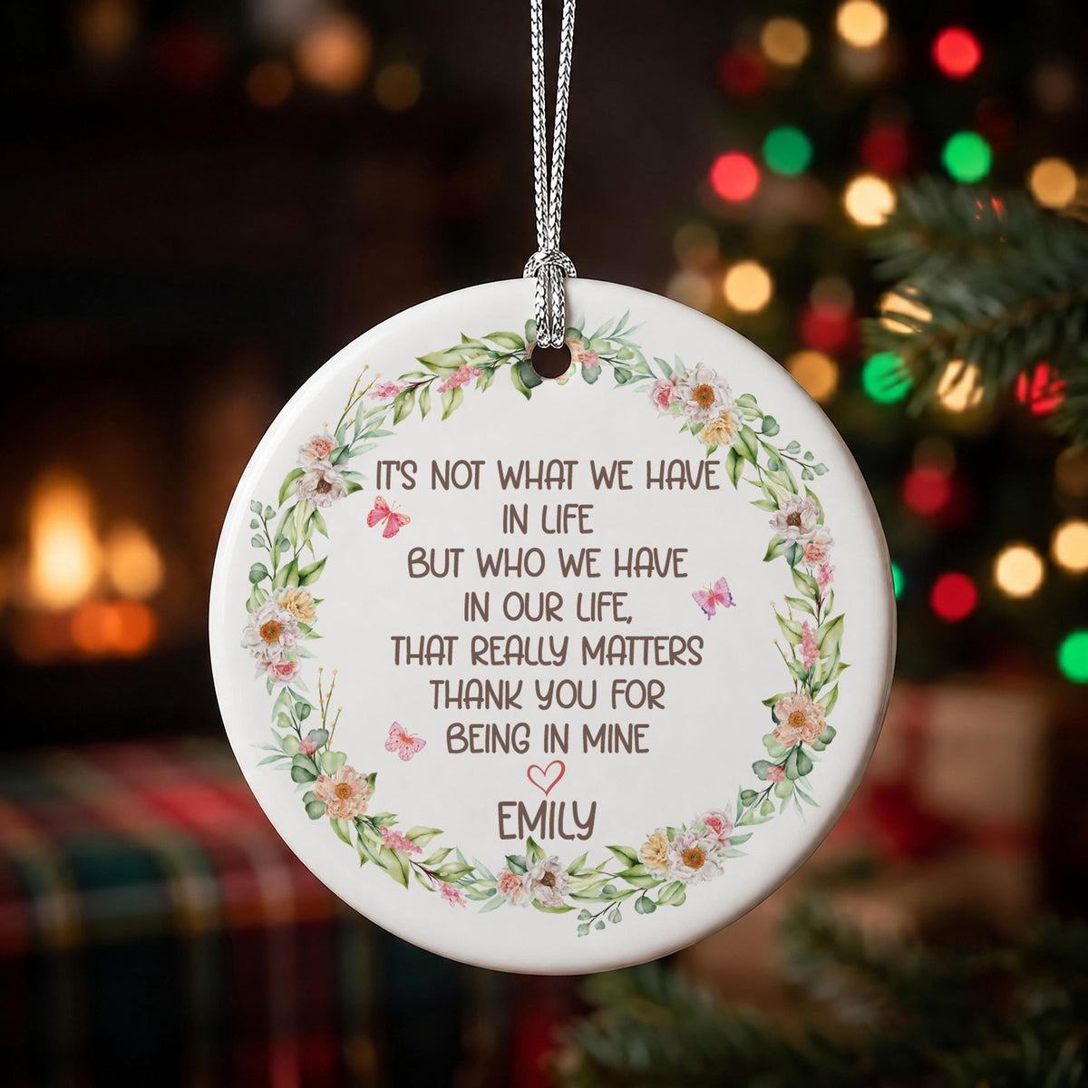 Personalized Thank You for Being in Mine Ornament, Floral Wreath Quote Keepsake (Ceramic or Glass)