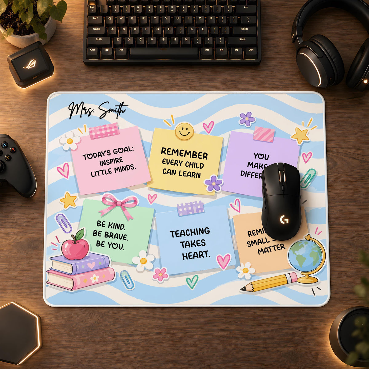Personalized Teacher Desk Mat, Custom Name Sticky Note Mouse Pad, Classroom Pastel Wave Keyboard Runner, Cute Educator Appreciation Gift
