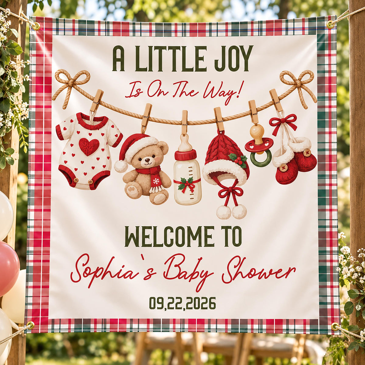 Christmas Baby Shower Banner, Teddy Bear Winter Baby Shower Welcome Sign, A Little Joy is on the Way Tapestry
