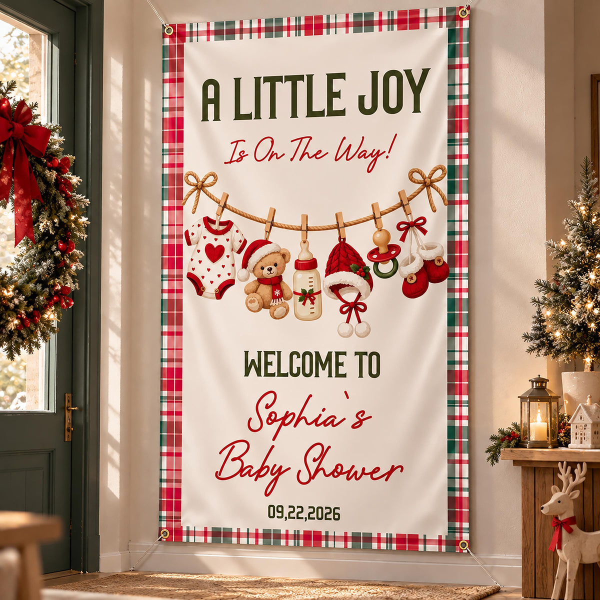 Christmas Baby Shower Banner, Teddy Bear Winter Baby Shower Welcome Sign, A Little Joy is on the Way Tapestry