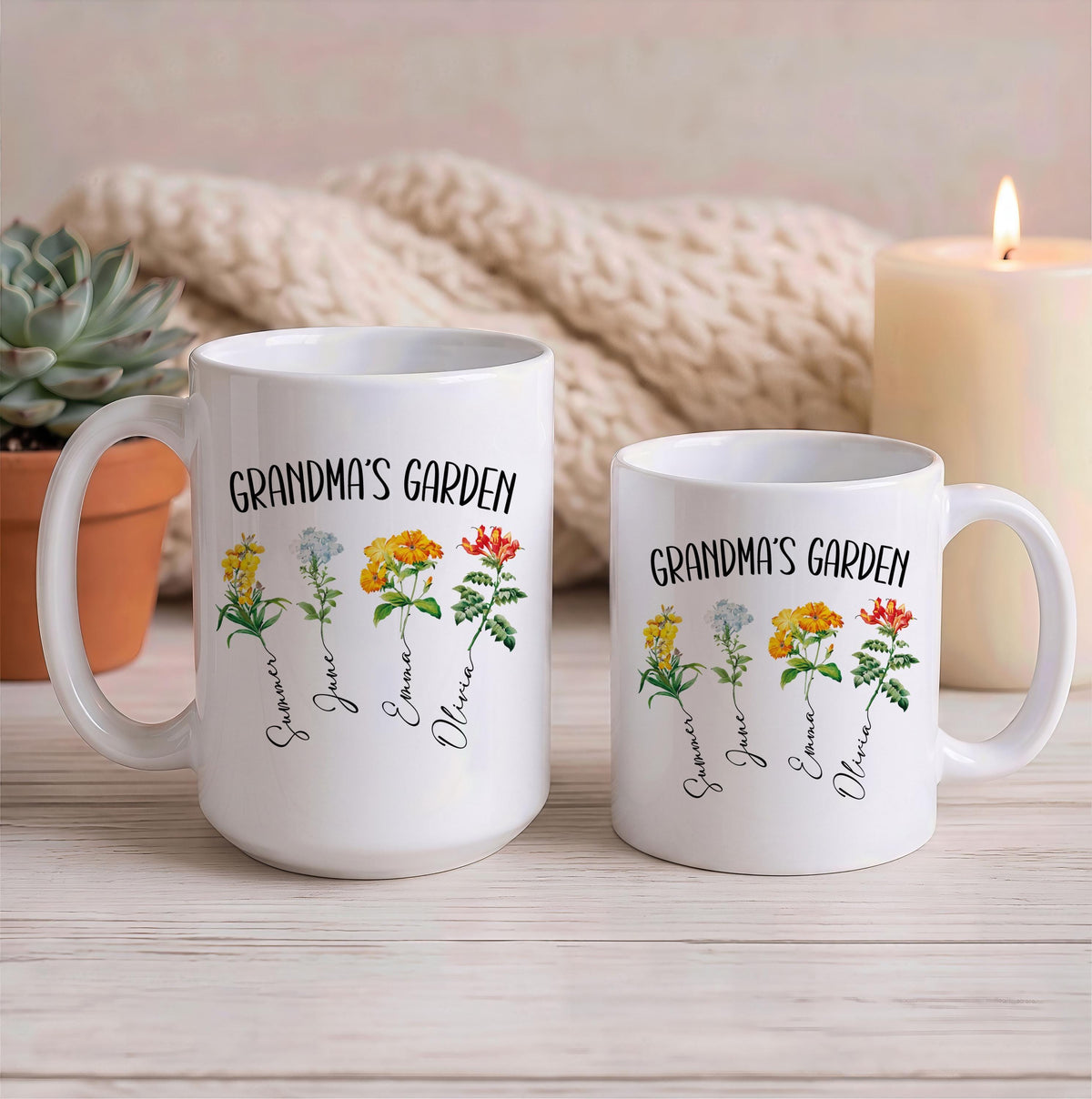 Custom Name Grandkids Botanical Flowers Coffee Mug, Personalized Grandma's Garden Ceramic Tea Cup, Cute Mother Day Gift Present for Her