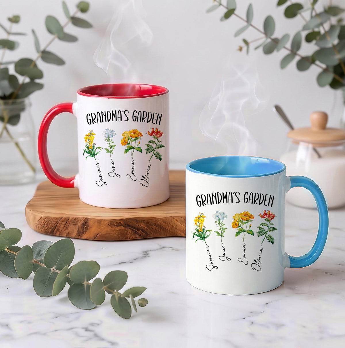 Custom Name Grandkids Botanical Flowers Coffee Mug, Personalized Grandma's Garden Ceramic Tea Cup, Cute Mother Day Gift Present for Her
