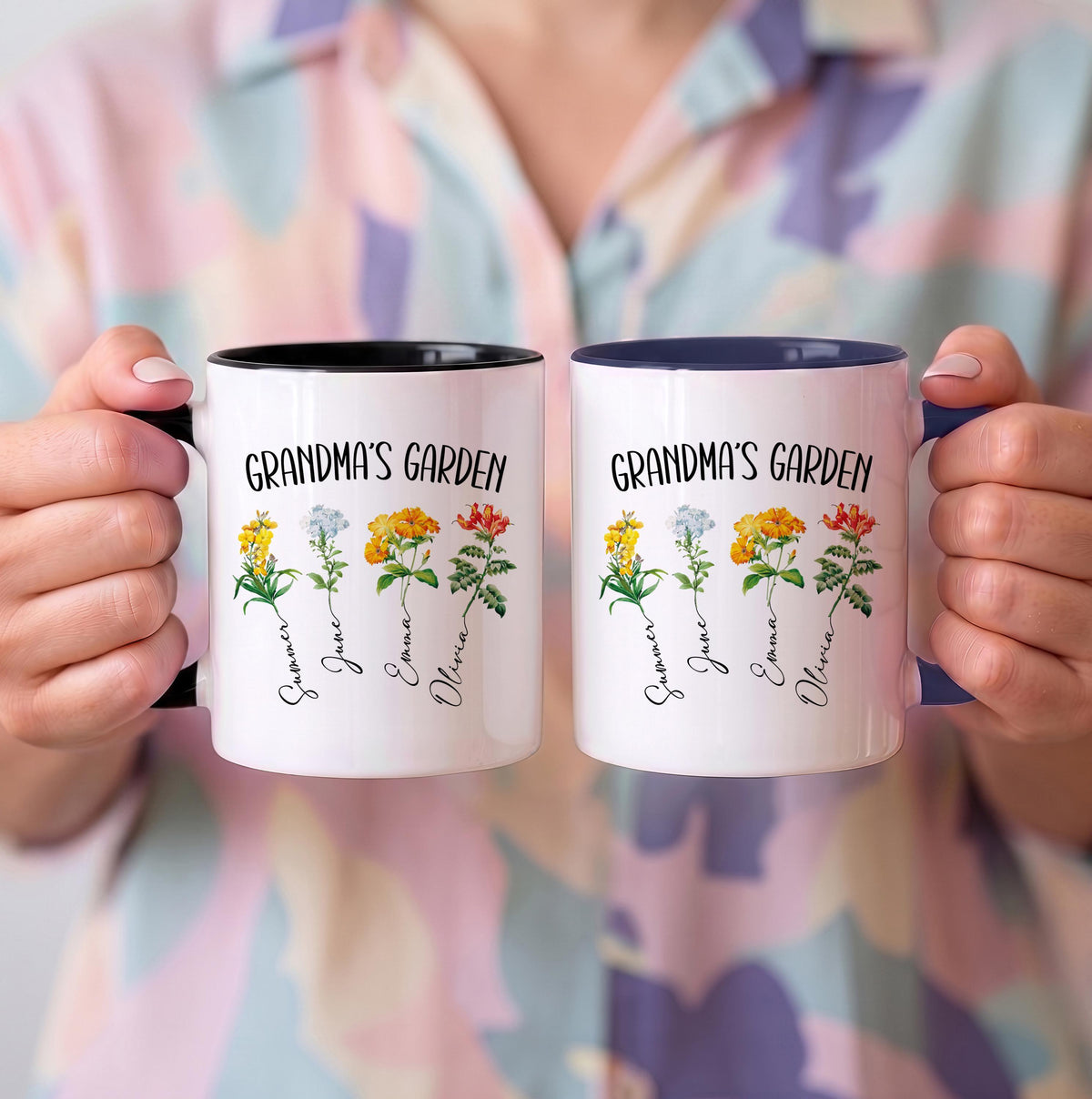 Custom Name Grandkids Botanical Flowers Coffee Mug, Personalized Grandma's Garden Ceramic Tea Cup, Cute Mother Day Gift Present for Her