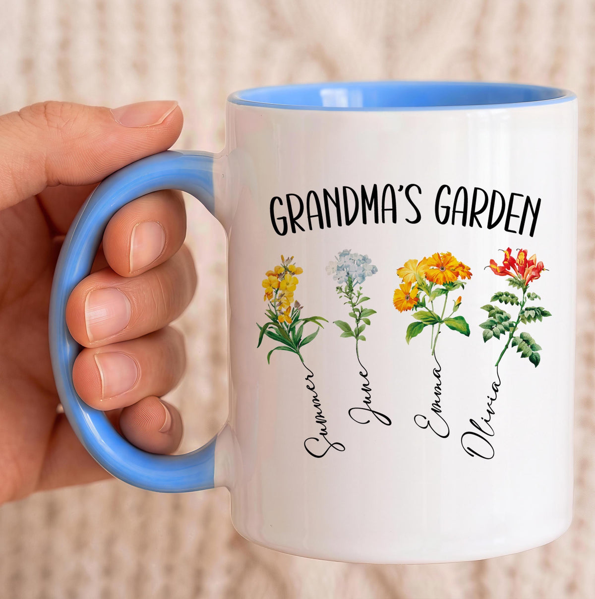 Custom Name Grandkids Botanical Flowers Coffee Mug, Personalized Grandma's Garden Ceramic Tea Cup, Cute Mother Day Gift Present for Her