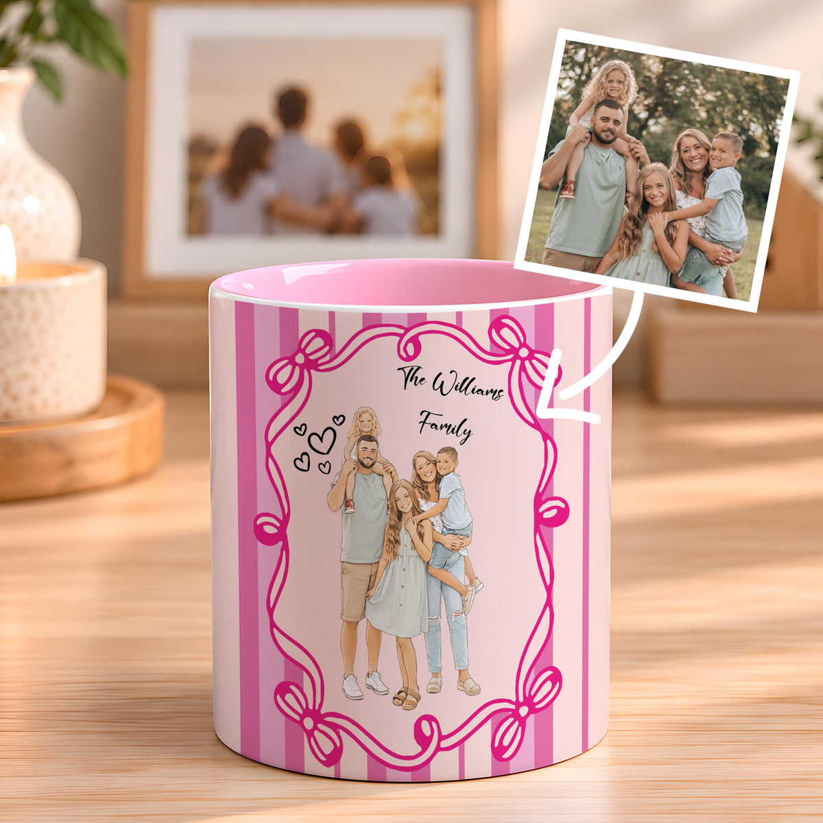 Personalized Family Portrait Accent Mug, Custom Photo Illustration Ceramic Coffee Cup, Cute Striped Frame Drinkware, Gift for Mom Dad