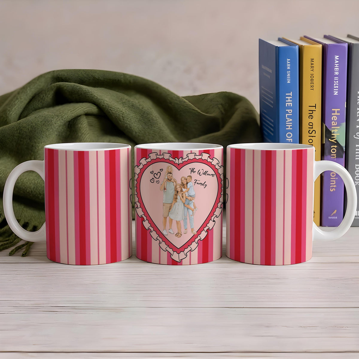 Personalized Family Portrait Accent Mug, Custom Photo Illustration Ceramic Coffee Cup, Cute Striped Frame Drinkware, Gift for Mom Dad