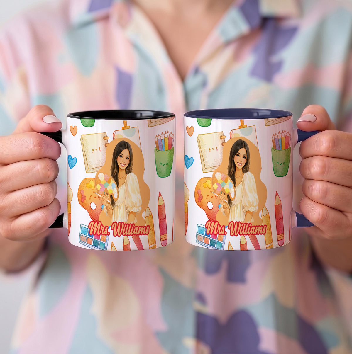 Custom Name Art Teacher Photo Portrait Mug, Personalized Picture Drawing Teacher Accent Coffee Cup, Educator Appreciation Gift