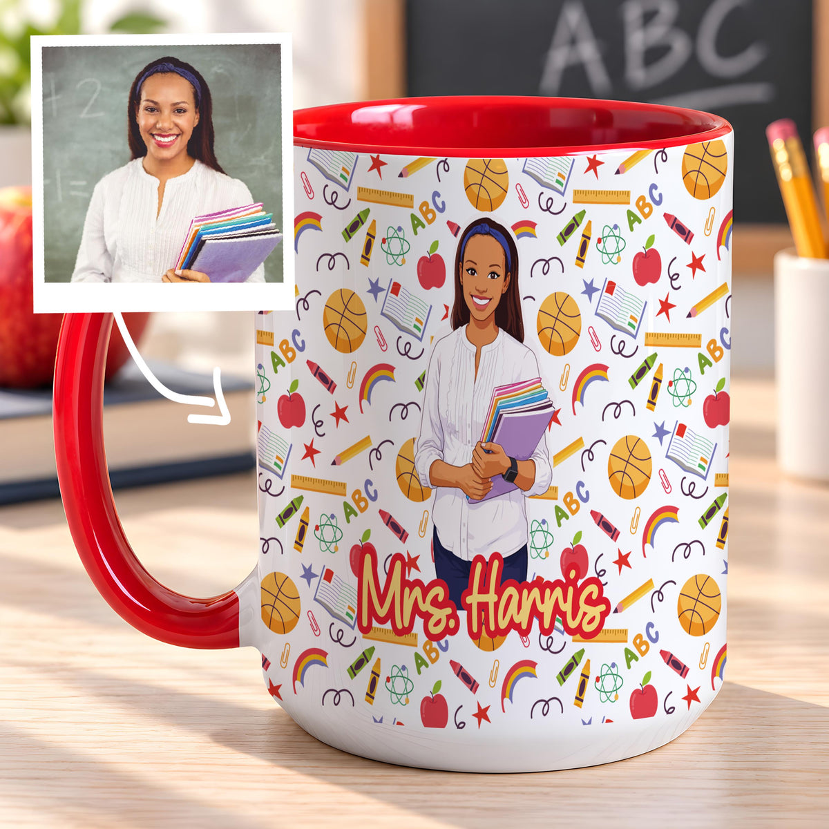Personalized Classroom Teacher Ceramic Mug, Custom Photo Drawing Coffee Cup, Unique Educator Thank You Present, Cute Classroom Gift