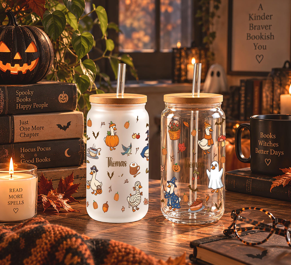 Glass with autumn goose illustrations and a personalized name