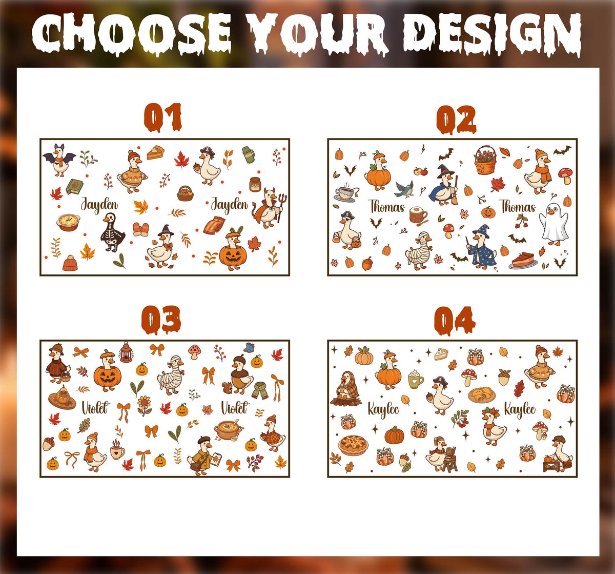 Four autumn goose designs for a personalized glass