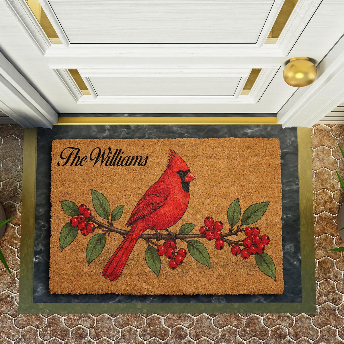 Doormat with a red cardinal on a berry branch and a personalized family name