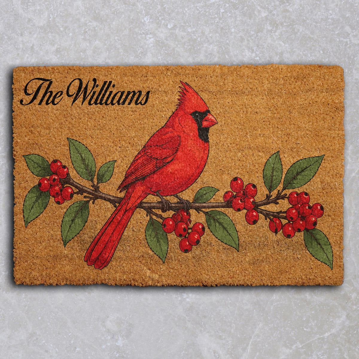 Doormat with a red cardinal on a berry branch and a personalized family name