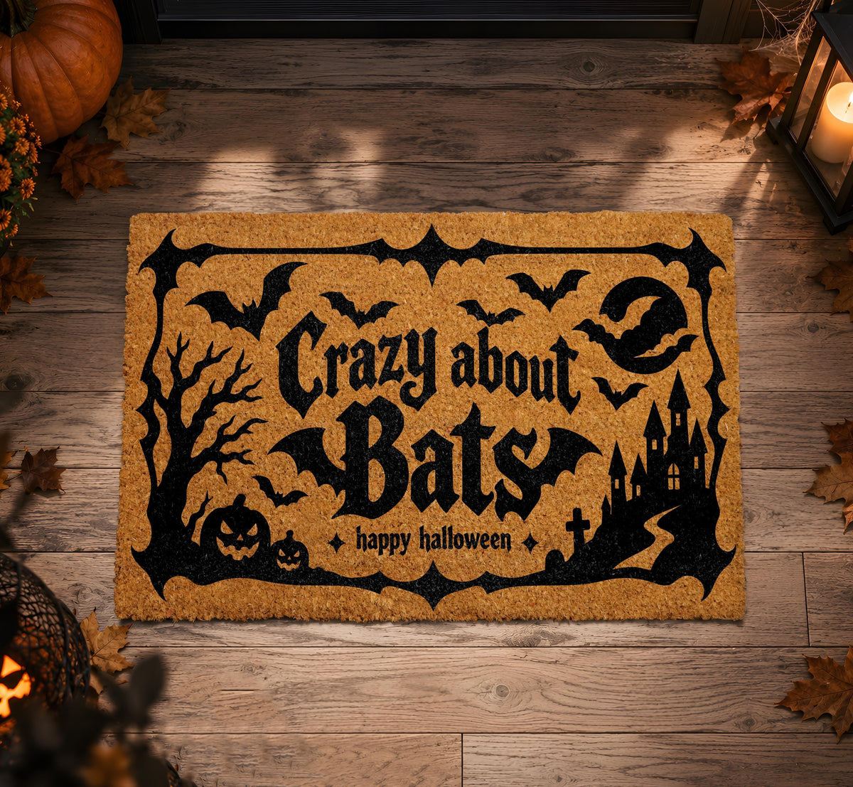 Doormat with bats, a castle and "Crazy about bats" lettering